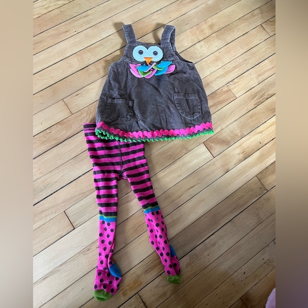 Mud pie brown corduroy overall dress Turkey Thanksgiving with colorful stockings